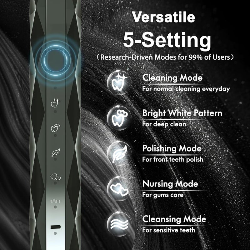 Kuicur Diamond Style - Sonic Electric Toothbrush for Adults and Kids, Comes with 10 Brush Heads & Travel Case, 5 Modes with 2 Minutes Built in Smart Timer, One Charge for 90 Days, 42,000 VPM Motor (Black) - Image 3